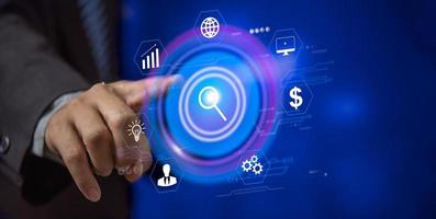 Hand touching icon virtual screen Digital technology concept. software development concept. Coding programmer, software engineer working on virtual screen, internet of things IoT photo