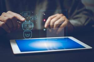 ChatGPT Chat with AI or Artificial Intelligence. Digital chatbot, robot application, OpenAI generate. Futuristic technology, Man using tablet computer on virtual screen. photo
