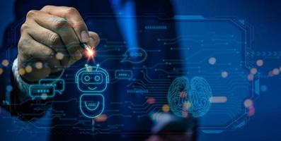 Chat with AI or Artificial Intelligence. Digital chatbot, robot application, OpenAI generate. Futuristic technology. photo