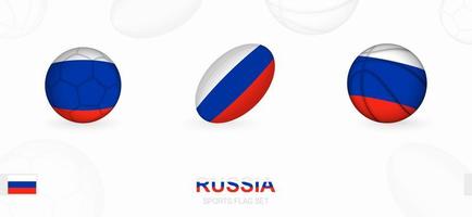 Deportes íconos para fútbol, rugby y baloncesto con el bandera de Rusia. vector