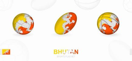 Sports icons for football, rugby and basketball with the flag of Bhutan. vector