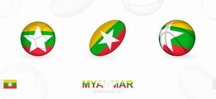 Deportes íconos para fútbol, rugby y baloncesto con el bandera de myanmar. vector