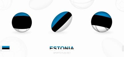 Deportes íconos para fútbol, rugby y baloncesto con el bandera de Estonia. vector