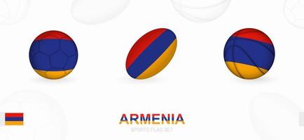 Deportes íconos para fútbol, rugby y baloncesto con el bandera de Armenia. vector