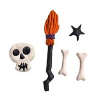 Festive Halloween handmade set of plasticine. Broom, skull, bones. Plasticine 3d illustration photo