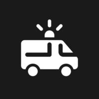 Ambulance dark mode glyph ui icon. Urgent medical help. EMS vehicle. User interface design. White silhouette symbol on black space. Solid pictogram for web, mobile. Vector isolated illustration