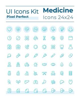 Medicine related pixel perfect gradient linear ui icons set. Healthcare. Hospital and clinic. Line contour user interface symbols. Modern style pictograms. Vector isolated outline illustrations