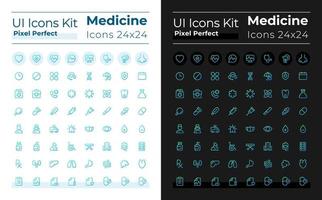 Medicine pixel perfect gradient linear ui icons set for dark, light mode. Medical treatment. Line contour user interface symbols. Modern style pictograms. Vector isolated outline illustrations