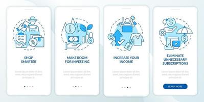 Budget planning for inflation blue onboarding mobile app screen. Walkthrough 4 steps editable graphic instructions with linear concepts. UI, UX, GUI template vector