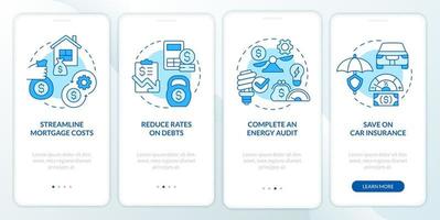 Budgeting for inflation blue onboarding mobile app screen. Walkthrough 4 steps editable graphic instructions with linear concepts. UI, UX, GUI template vector