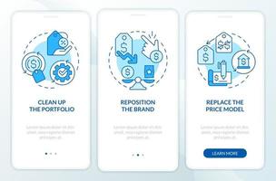 Dealing with inflation in business blue onboarding mobile app screen. Walkthrough 3 steps editable graphic instructions with linear concepts. UI, UX, GUI template vector