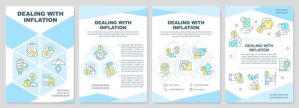 Dealing with inflation turquoise brochure template. Leaflet design with linear icons. Editable 4 vector layouts for presentation, annual reports