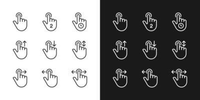 Touchscreen control pixel perfect linear icons set for dark, light mode. Navigation gestures. Smartphone and tablet. Thin line symbols for night, day theme. Isolated illustrations. Editable stroke vector