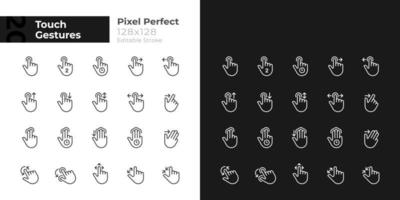 Touch gestures pixel perfect linear icons set for dark, light mode. Touchscreen. Thin line symbols for night, day theme. Isolated illustrations. Editable stroke vector