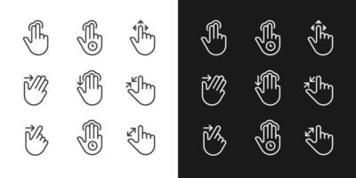 Multitouch gestures pixel perfect linear icons set for dark, light mode. Touchscreen control. Tablet navigation. Thin line symbols for night, day theme. Isolated illustrations. Editable stroke vector