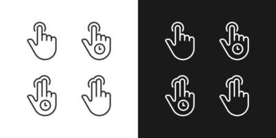 Long tap pixel perfect linear icons set for dark, light mode. Double finger touch. Multi touch. Touchscreen control. Thin line symbols for night, day theme. Isolated illustrations. Editable stroke vector