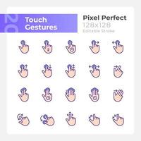 Touch gestures pixel perfect RGB color icons set. Touchscreen control. Isolated vector illustrations. Simple filled line drawings collection. Editable stroke