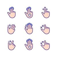 Multitouch gestures pixel perfect RGB color icons set. Touchscreen control. Tablet and phone navigation. Isolated vector illustrations. Simple filled line drawings collection. Editable stroke