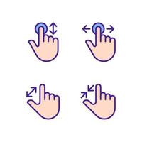 Scrolling and zooming gestures pixel perfect RGB color icons set. Touchscreen. Electronic device navigation. Isolated vector illustrations. Simple filled line drawings collection. Editable stroke