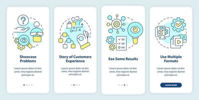 Elements of case study onboarding mobile app screen. Structure walkthrough 4 steps editable graphic instructions with linear concepts. UI, UX, GUI template vector