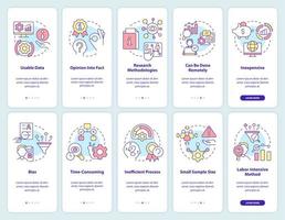 Pros and cons of case study onboarding mobile app screen set. Walkthrough 5 steps editable graphic instructions with linear concepts. UI, UX, GUI template vector