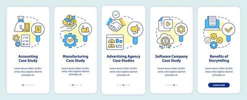 Case studies usage onboarding mobile app screen. Analytics walkthrough 5 steps editable graphic instructions with linear concepts. UI, UX, GUI template vector