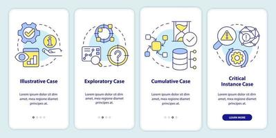 Types of case study onboarding mobile app screen. Methods walkthrough 4 steps editable graphic instructions with linear concepts. UI, UX, GUI template vector