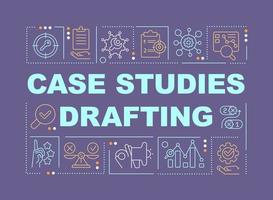 Case studies drafting word concepts dark purple banner. Complementation. Infographics with editable icons on color background. Isolated typography. Vector illustration with text