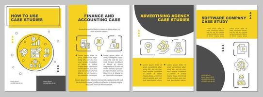 Implementation of case study yellow brochure template. Leaflet design with linear icons. Editable 4 vector layouts for presentation, annual reports