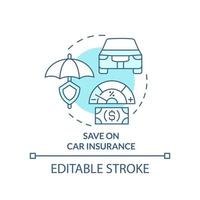 Save on car insurance turquoise concept icon. Vehicle coverage. Budgeting abstract idea thin line illustration. Isolated outline drawing. Editable stroke vector