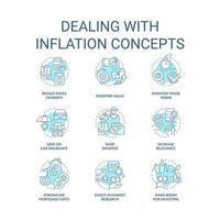 Dealing with inflation turquoise concept icons set. Rising prices. Economics idea thin line color illustrations. Isolated symbols. Editable stroke vector