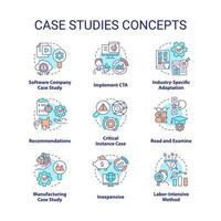 Case studies concept icons set. Examination of important events. Researching process idea thin line color illustrations. Isolated symbols. Editable stroke vector