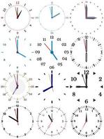 A set of different mechanical clocks with an image of each of the twelve hours. Clock face on white background. vector