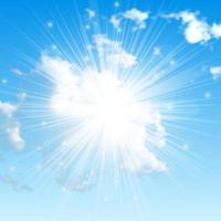 Natural background with clouds and sun on blue sky. Realistic cloud on blue backdrop. Vector illustration