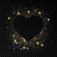 Heart shape frame with golden glitter on dark background. Greeting card with empty dark background. Vector illustration.