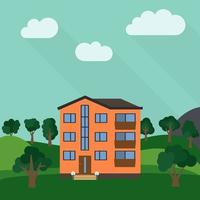 Lone three-storey house in a field with an green tree. Vector illustration.