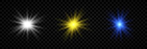 Light effect of lens flares. Set of three white, yellow and blue glowing lights starburst effects with sparkles vector