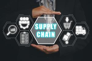 Supply chain management concept, Business person hand holding supply chain icon on virtual screen. photo