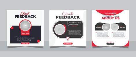 Customer feedback review social media post banner testimonial design square flyer web template set. vector