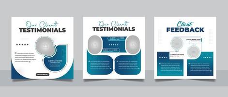 Customer feedback review social media post banner testimonial design square flyer web template set. vector