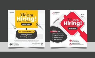 Hiring job vacancy social media post template set. Vacant recruitment digital marketing web banner square flyer design with black red yellow color. vector