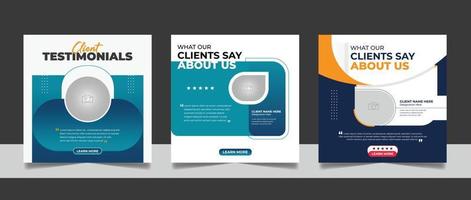 Customer feedback review social media post banner testimonial design square flyer web template set. vector