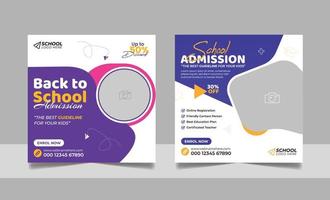 Back to school admission social media post, educational square flyer design web banner template set. vector