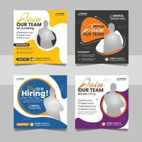 Hiring job vacancy social media post template set. Vacant recruitment digital marketing web banner square flyer design 4 color. vector