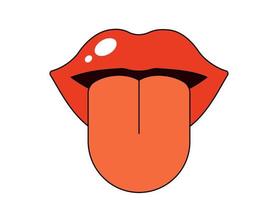 Retro groovy opened mouth with tongue sticking out and licking. Hippy glossy red open lips. Funky psychedelic female lip. Vintage hippie sticker print. Vector trendy y2k pop art isolated eps patch