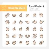 Hand gestures pixel perfect RGB color icons set. Body language. Communication. Isolated vector illustrations. Simple filled line drawings collection. Editable stroke