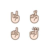 Informative hand gestures pixel perfect RGB color icons set. Non verbal message. Body language signals. Isolated vector illustrations. Simple filled line drawings collection. Editable stroke