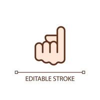 Index finger pointing up pixel perfect RGB color icon. Showing upward direction. Hand gesture. Isolated vector illustration. Simple filled line drawing. Editable stroke