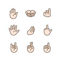 Gestures expression pixel perfect RGB color icons set. Non verbal communication. System of visual symbols. Isolated vector illustrations. Simple filled line drawings collection. Editable stroke