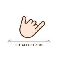 Shaka sign pixel perfect RGB color icon. Call me. Greeting gesture. Non verbal communication. Isolated vector illustration. Simple filled line drawing. Editable stroke